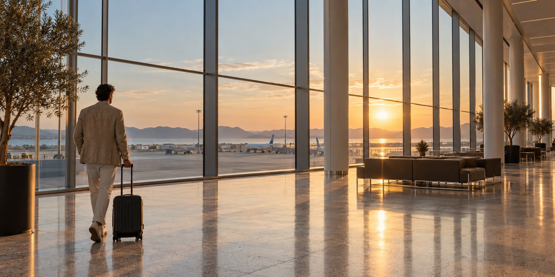 A traveler arriving at the airport at sunset